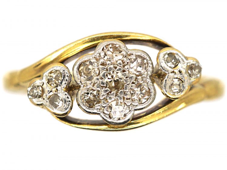Edwardian 18ct Gold & Platinum, Cluster Diamond Ring with Diamond Set Trefoil Detail