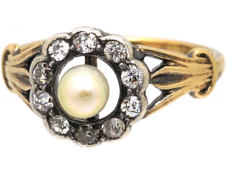 Edwardian 18ct Gold, Natural Pearl & Diamond Cluster Ring