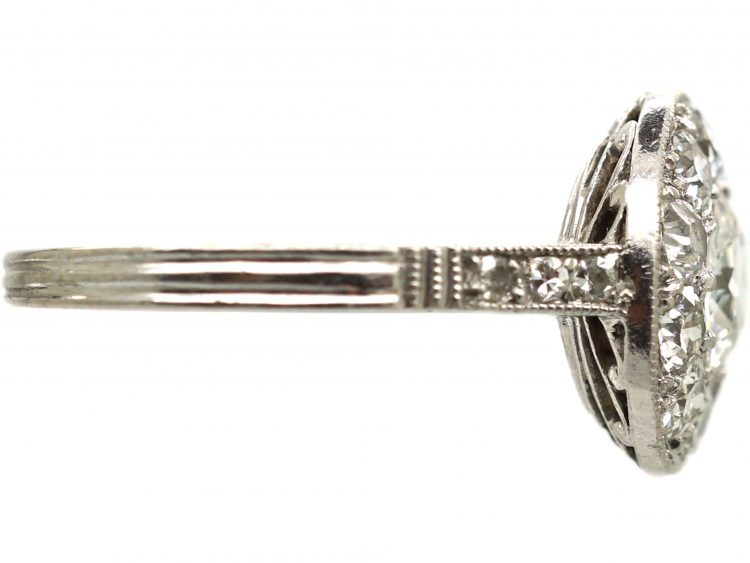Art Deco Platinum, Diamond Cluster Ring with Diamond Shoulders