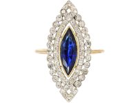 French Art Deco 18ct Gold & Platinum, Sapphire & Diamond Marquise Ring
