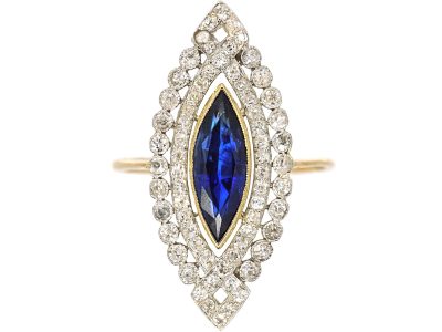 French Art Deco 18ct Gold & Platinum, Sapphire & Diamond Marquise Ring