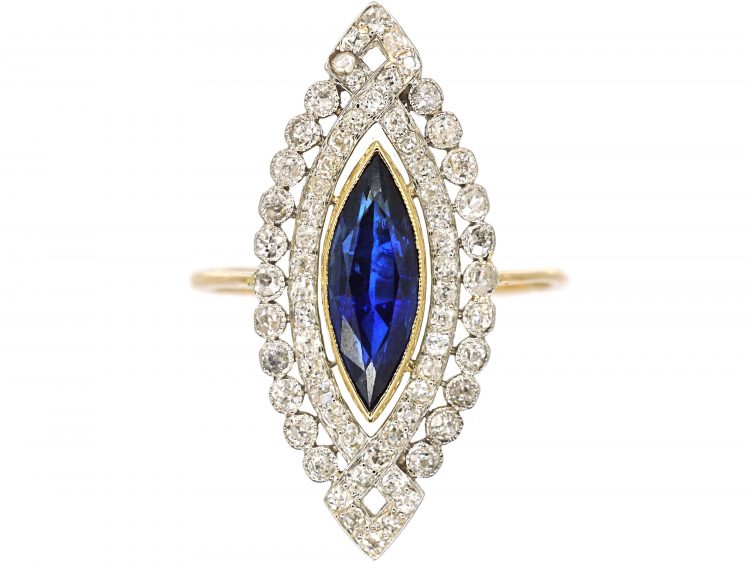 French Art Deco 18ct Gold & Platinum, Sapphire & Diamond Marquise Ring