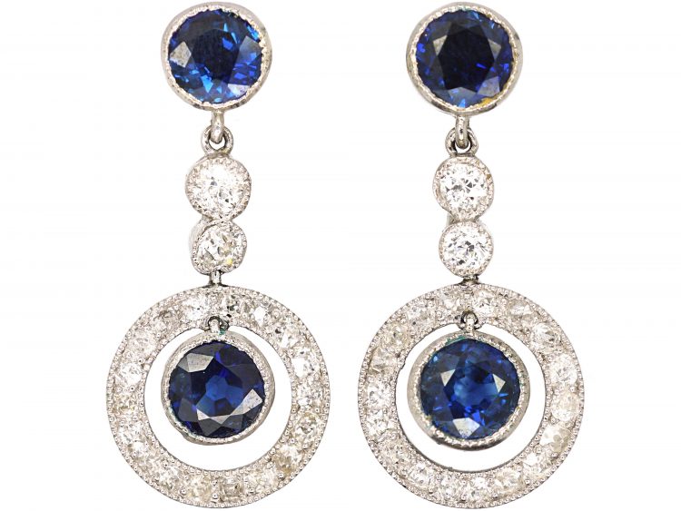 Art Deco Platinum, Sapphire & Diamond Drop Earrings