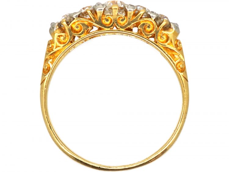 Edwardian 18ct Gold Five Stone Diamond Carved Half Hoop Ring with Diamond Points