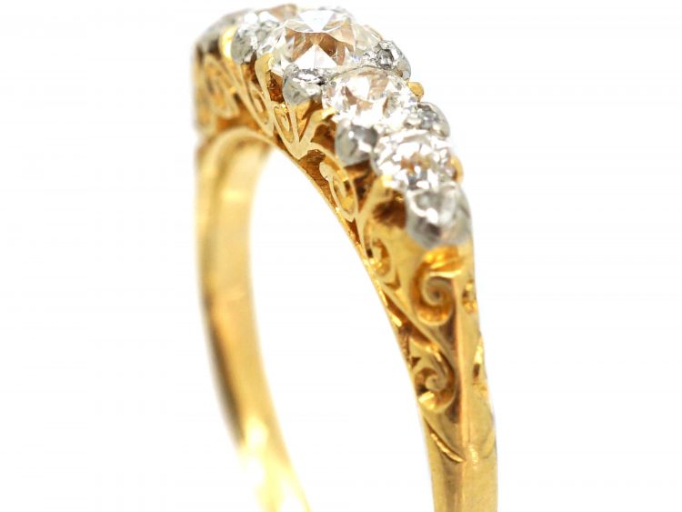 Edwardian 18ct Gold Five Stone Diamond Carved Half Hoop Ring with Diamond Points