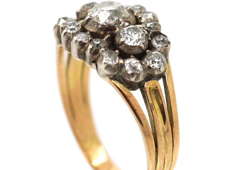 Georgian 15ct Gold Old Mine Cut Triple Diamond Cluster Ring