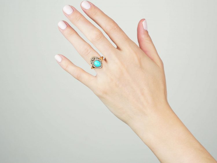 Victorian 18ct Gold, Turquoise & Rose Diamond heart Shaped Ring with Bow on top