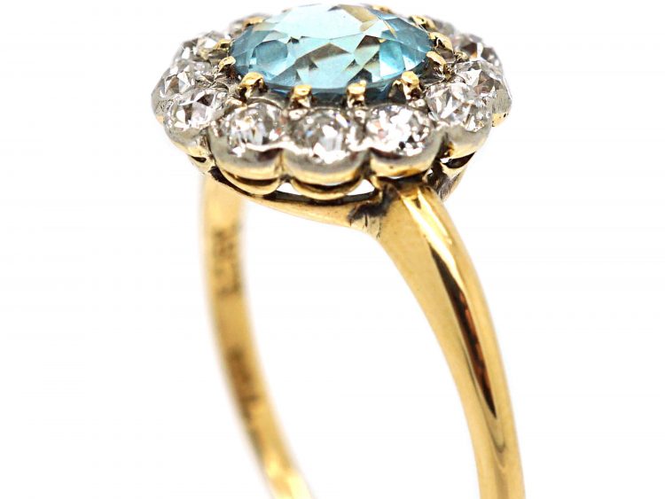 Edwardian 18ct Gold & Platinum, Aquamarine & Diamond Cluster Ring