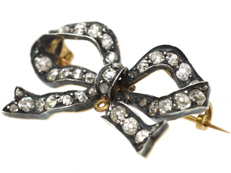 Victorian Ribbon Bow Brooch set with Graded Old Mine Cut & Rose Diamonds
