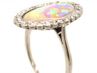 Art Deco Diamond & Large Harlequin Opal Oval Shaped Ring
