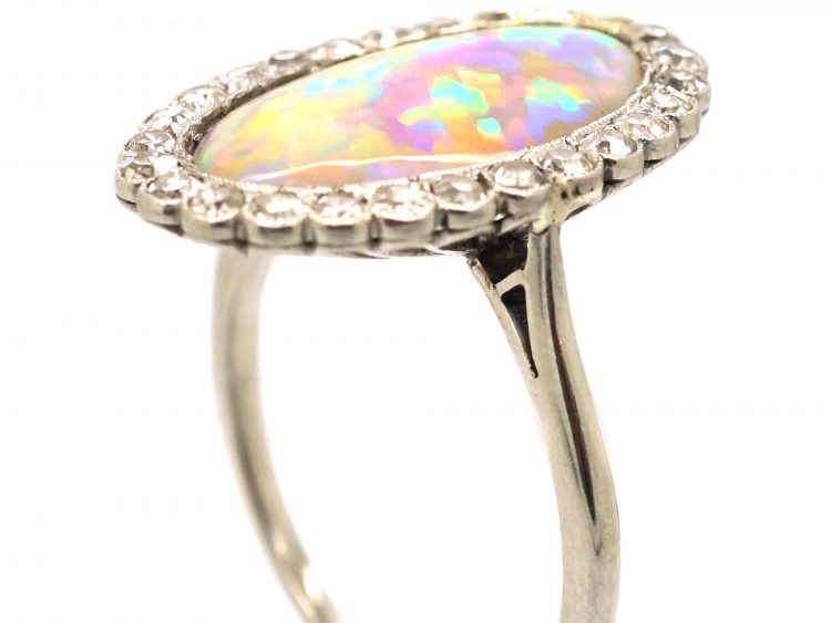 Art Deco Diamond & Large Harlequin Opal Oval Shaped Ring