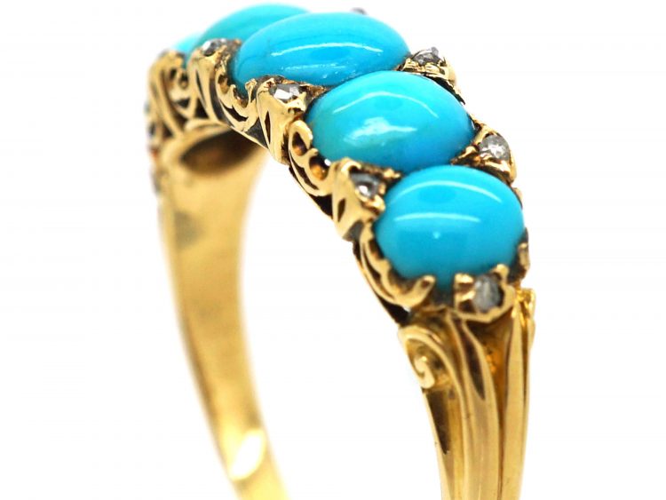 Victorian 18ct Gold, Five Stone Turquoise & Rose Diamond Forget me Not Ring