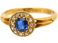 Edwardian 18ct Gold, Sapphire & Rose Diamond Cluster Ring