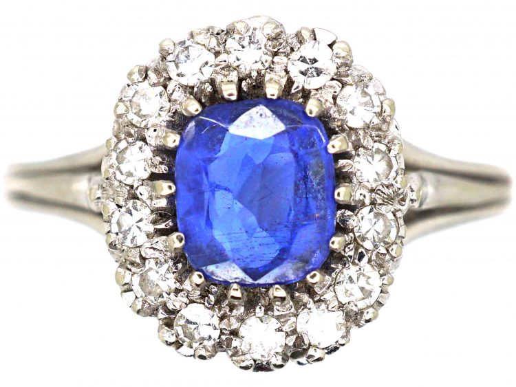 Art Deco 18ct White Gold, Sapphire & Diamond Cluster Ring