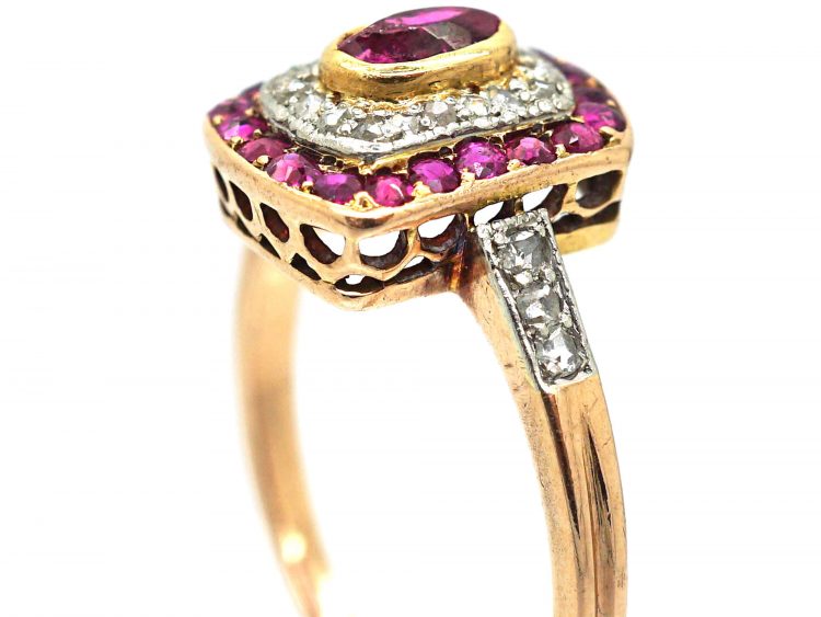 Art Deco 14ct Gold & Platinum, Ruby & Rose Diamond Rectangular Shaped Ring with Diamond Set Shoulders