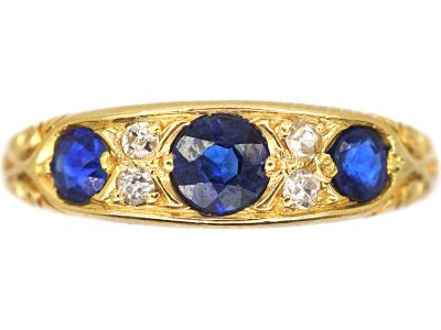 Edwardian 18ct Gold, Three Stone Sapphire & Diamond Ring