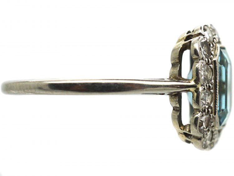 Art Deco 18ct White Gold & Platinum, Aquamarine & Diamond Rectangular Cluster Ring