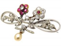Edwardian Platinum Double Flower Brooch set with Rubies & Diamonds & a Natural Split Pearl