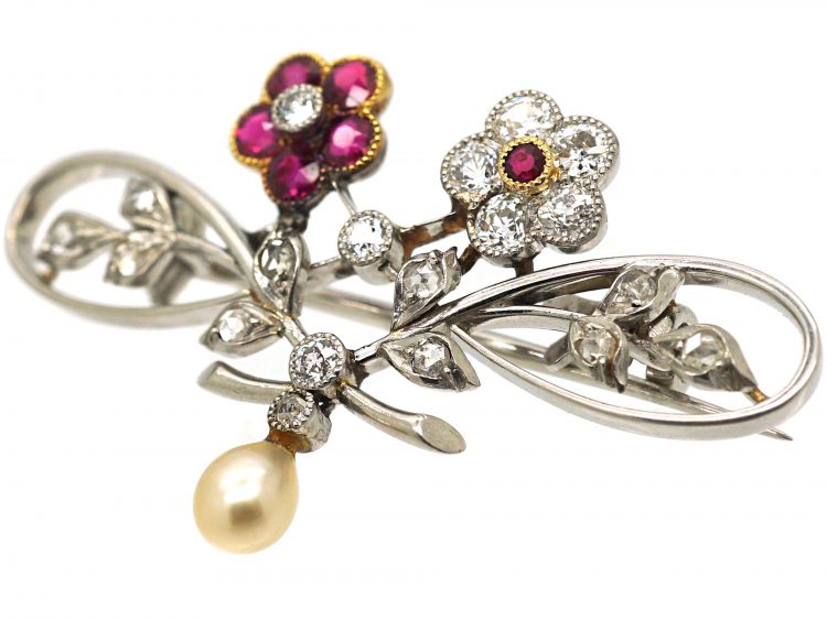 Edwardian Platinum Double Flower Brooch set with Rubies & Diamonds & a Natural Split Pearl