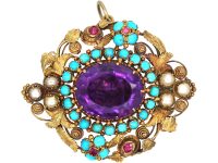 Regency 15ct Two Colour Gold Forget me Not Pendant, Brooch set with an Amethyst, Turquoise & Natural Split Pearls