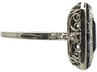 French Art Deco Platinum, Sapphire & Diamond Rectangular Ring with Diamond Set Shoulders
