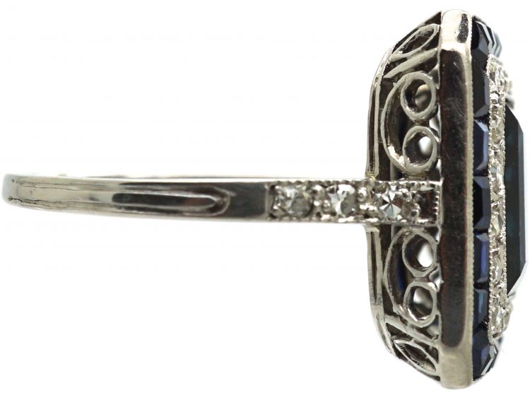 French Art Deco Platinum, Sapphire & Diamond Rectangular Ring with Diamond Set Shoulders