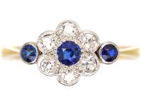Edwardian 18ct Gold & Platinum, Sapphire & Diamond Cluster Ring with a Sapphire on Either Side