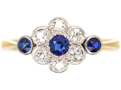 Edwardian 18ct Gold & Platinum, Sapphire & Diamond Cluster Ring with a Sapphire on Either Side