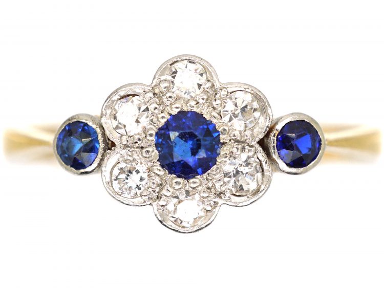 Edwardian 18ct Gold & Platinum, Sapphire & Diamond Cluster Ring with a Sapphire on Either Side