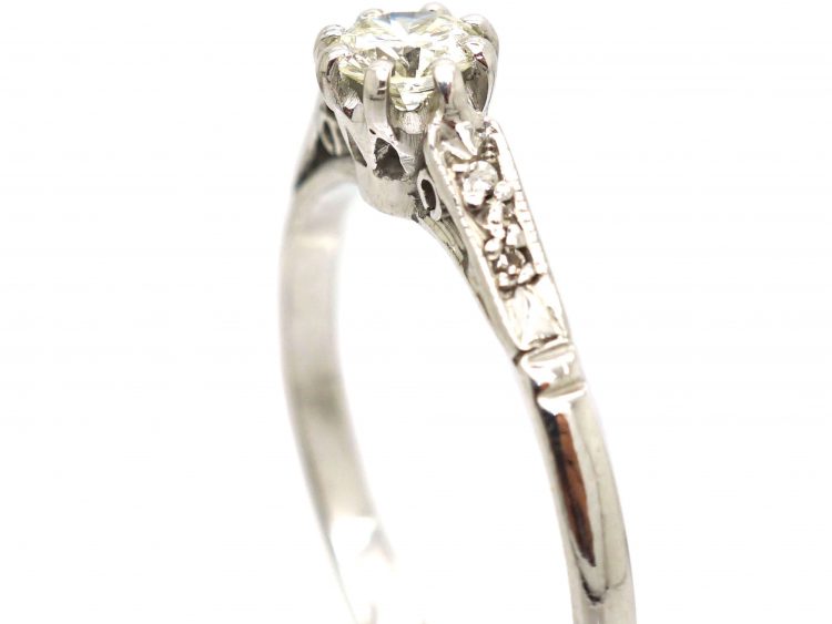 Art Deco Platinum, Diamond Solitaire Ring with Diamond Set Shoulders