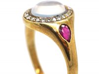 Art Deco 18ct Gold, Moonstone, Diamond & Ruby Ring