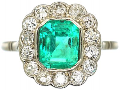 Art Deco 14ct White Gold, Emerald & Diamond Cluster Ring