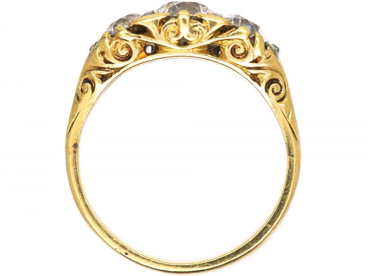 Victorian 18ct Gold, Three Stone Diamond Carved Half Hoop Ring