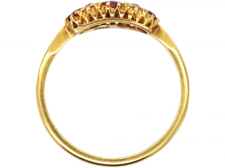 Edwardian 18ct Gold, Ruby & Diamond Three Stone Boat Shaped Ring