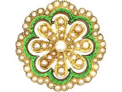 Edwardian 15ct Gold, Green Enamel & Natural Split Pearls Flower Pendant & Brooch