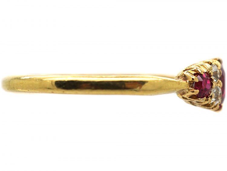 Edwardian 18ct Gold, Ruby & Diamond Three Stone Boat Shaped Ring