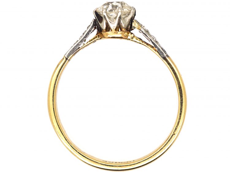Art Deco 18ct Gold & Platinum, Diamond Solitaire Ring with Diamond Set Shoulders