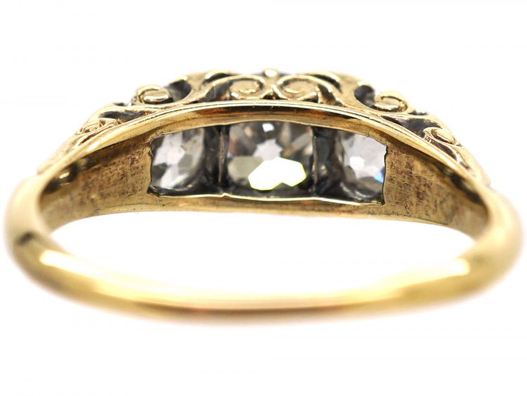 Victorian 18ct Gold, Three Stone Diamond Carved Half Hoop Ring