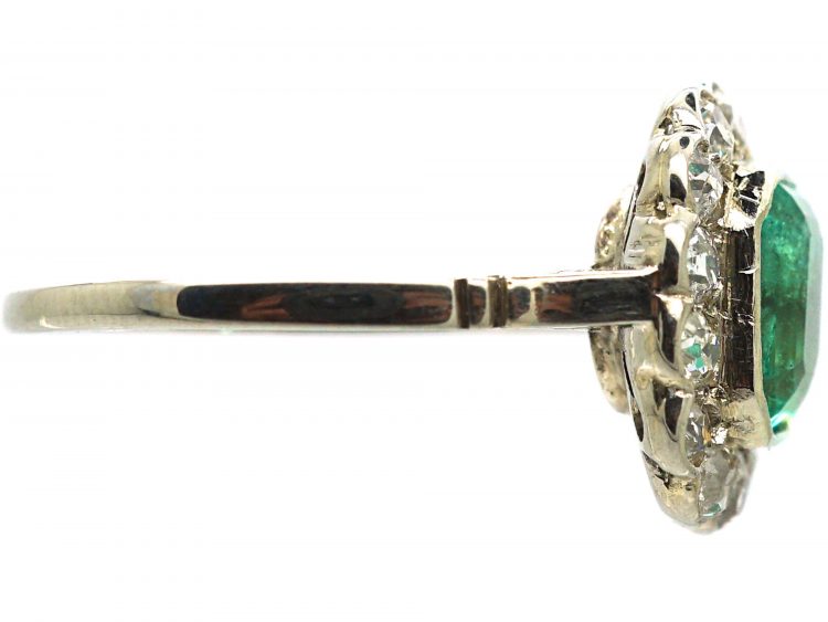 Art Deco 14ct White Gold, Emerald & Diamond Cluster Ring