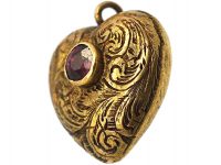 Georgian Small 15ct Gold Engraved Heart Pendant set with Ruby with a Glazed Locket on the Reverse