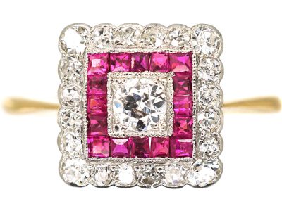Art Deco 18ct Gold & Platinum, Square Shaped Ring set with Diamonds & Rubies
