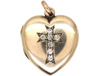 Edwardian 9ct Gold Back & Front Heart Shaped Locket with Cross Motif set with Paste