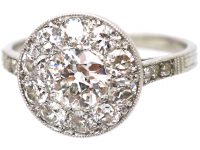 Art Deco Platinum, Diamond Cluster Ring with Diamond Shoulders