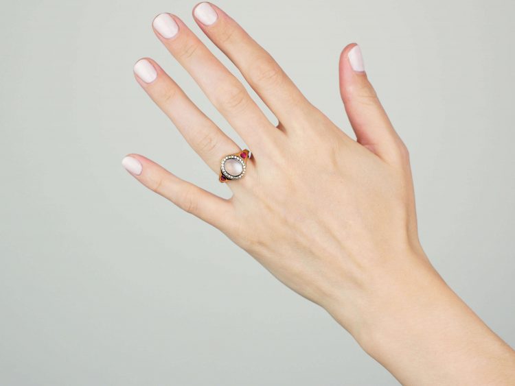 Art Deco 18ct Gold, Moonstone, Diamond & Ruby Ring