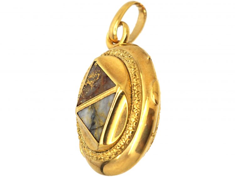 American 19th Century Gold Rush 18ct Gold Oval Locket set with Gold in Quartz