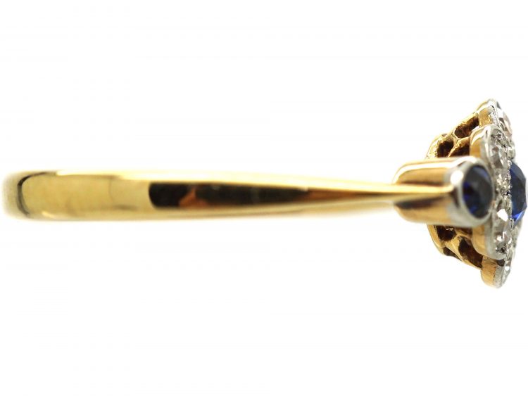 Edwardian 18ct Gold & Platinum, Sapphire & Diamond Cluster Ring with a Sapphire on Either Side