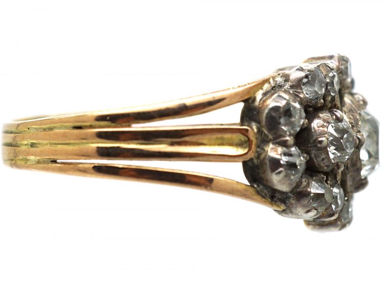 Georgian 15ct Gold Old Mine Cut Triple Diamond Cluster Ring