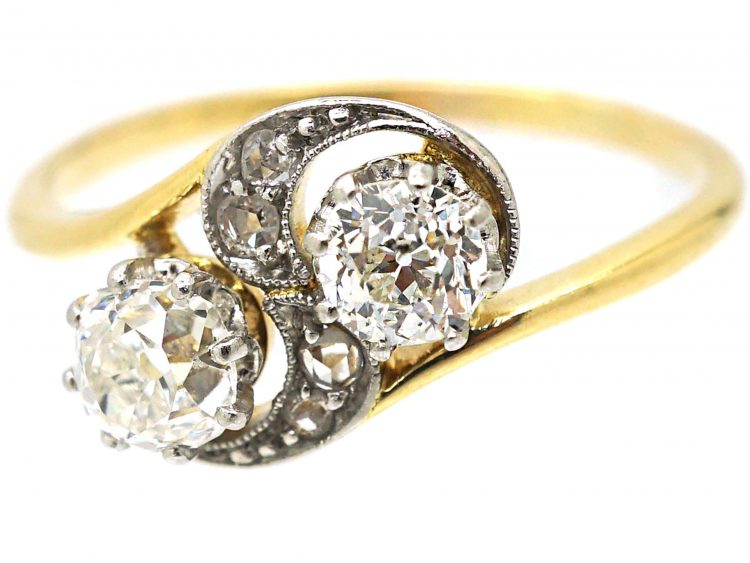 Art Nouveau 18ct Gold & Platinum, Two Stone Diamond Crossover Ring with Rose Diamond Detail