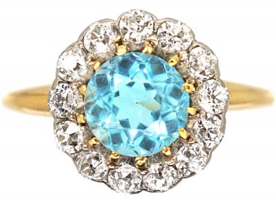 Edwardian 18ct Gold & Platinum, Aquamarine & Diamond Cluster Ring