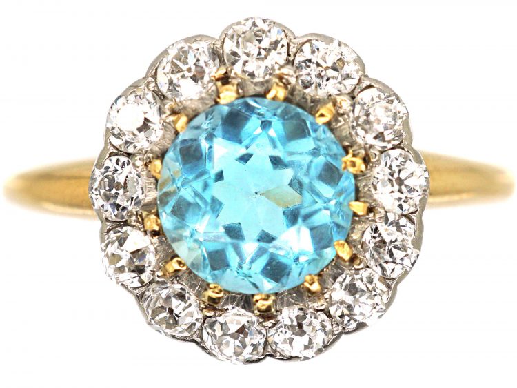Edwardian 18ct Gold & Platinum, Aquamarine & Diamond Cluster Ring